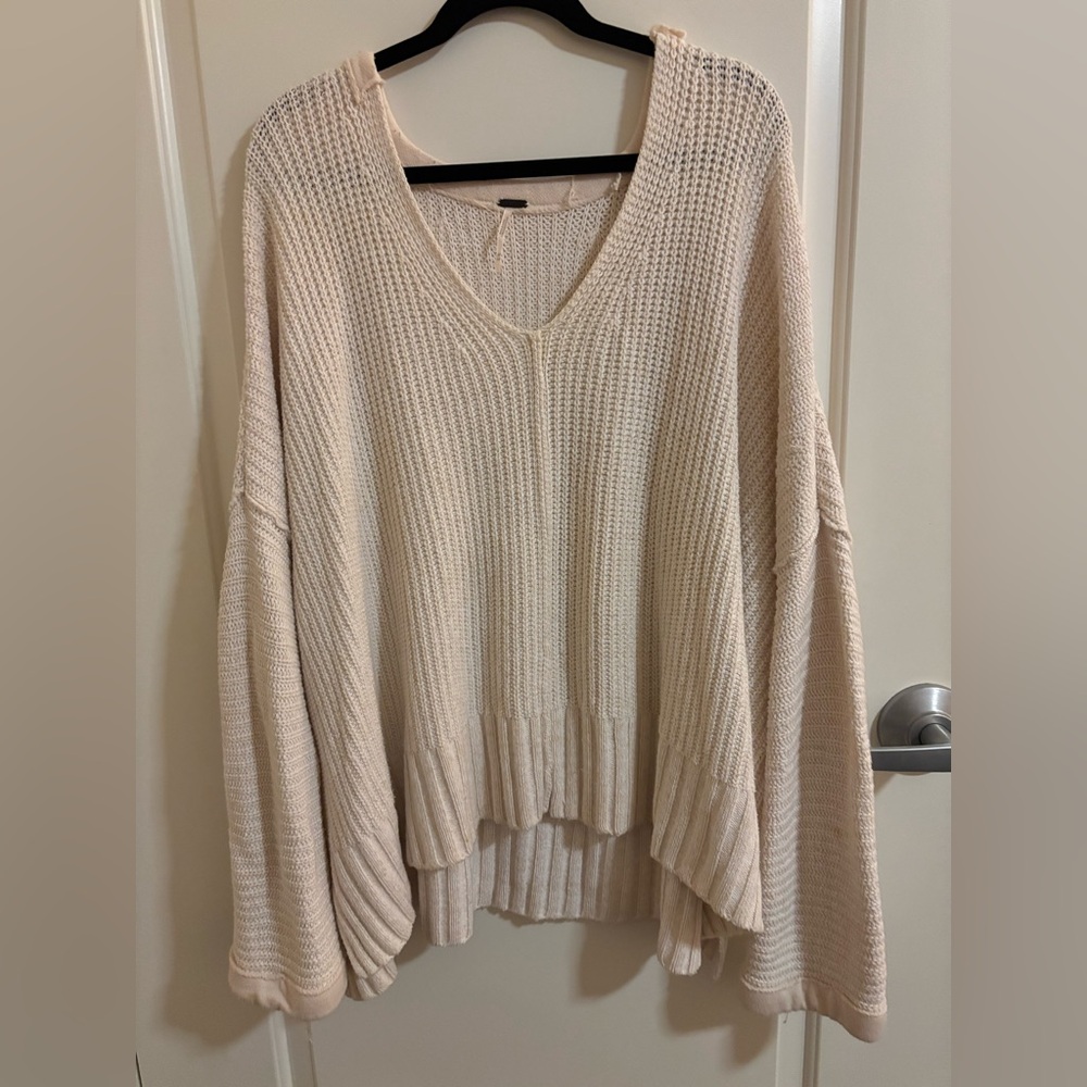 Free People Cream V-Neck Women's Sweater Oversized Knit, Cozy 100% Cotton